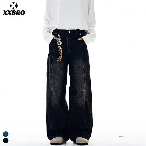 Muxi Fashion Brand Retro Deconstructed Wide-Leg Jeans for Men, Distressed Straight-Leg Denim Pants, Loose & Versatile Streetwear Style