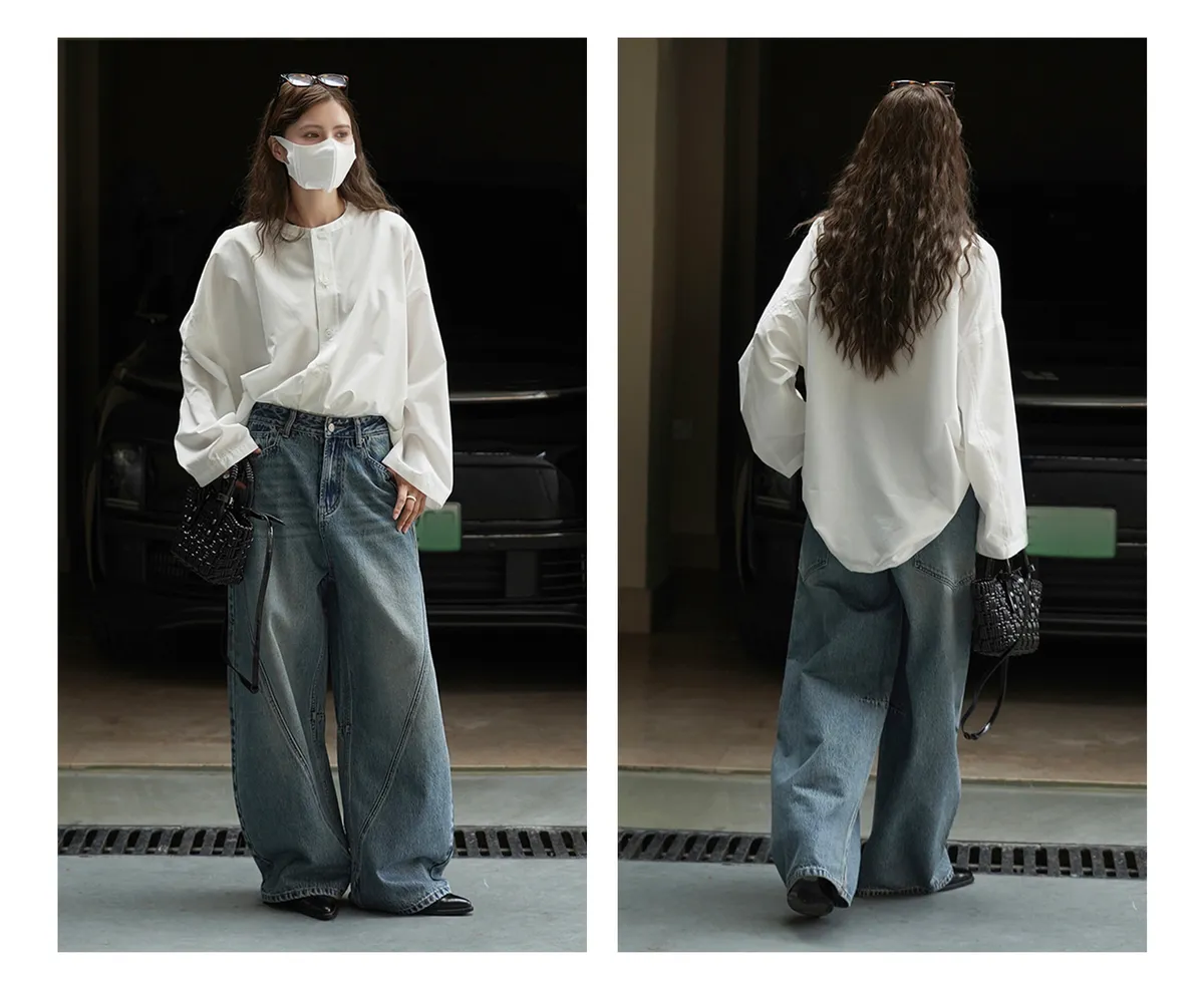 Louvre Women's Autumn Winter Korean Style Fashionable Workwear Jeans - Loose Wide-Leg Cut & Spliced Design for a Personalized Look showcase 8