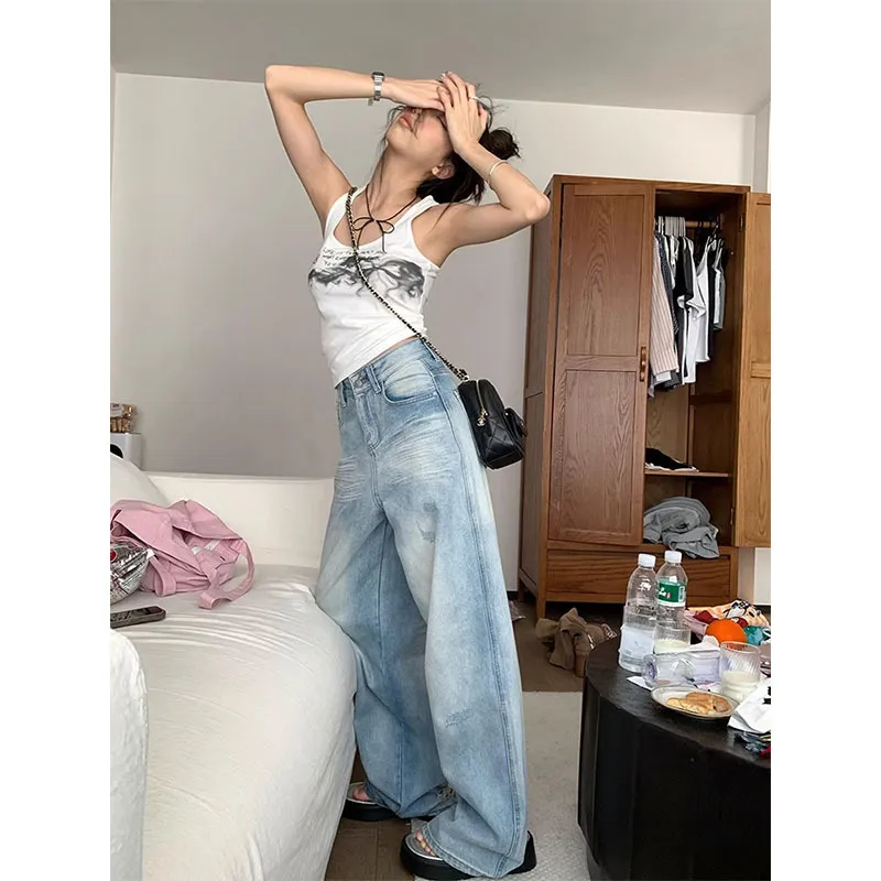 Plus Size Women's Light Blue Ripped Wide Leg Jeans - Summer Loose Fit High Waist Straight Leg Pants for Fashionable Comfort thumbnail 6