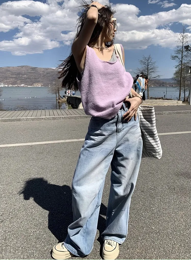 Plus Size Women's Light Blue Ripped Wide Leg Jeans - Summer Loose Fit High Waist Straight Leg Pants for Fashionable Comfort showcase 18