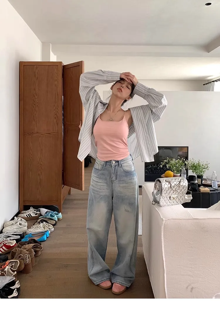Plus Size Women's Light Blue Ripped Wide Leg Jeans - Summer Loose Fit High Waist Straight Leg Pants for Fashionable Comfort showcase 16