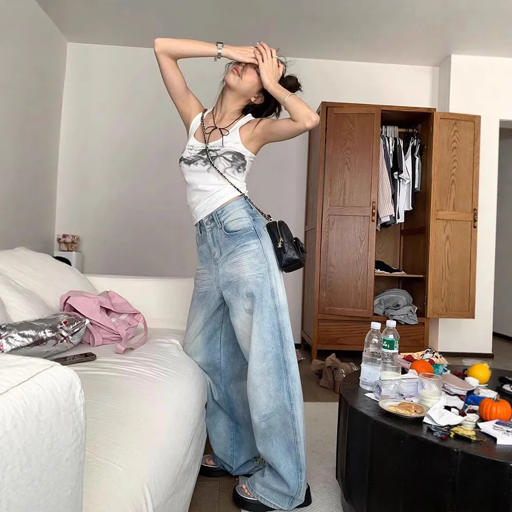 Plus Size Women's Light Blue Ripped Wide Leg Jeans - Summer Loose Fit High Waist Straight Leg Pants for Fashionable Comfort thumbnail 1