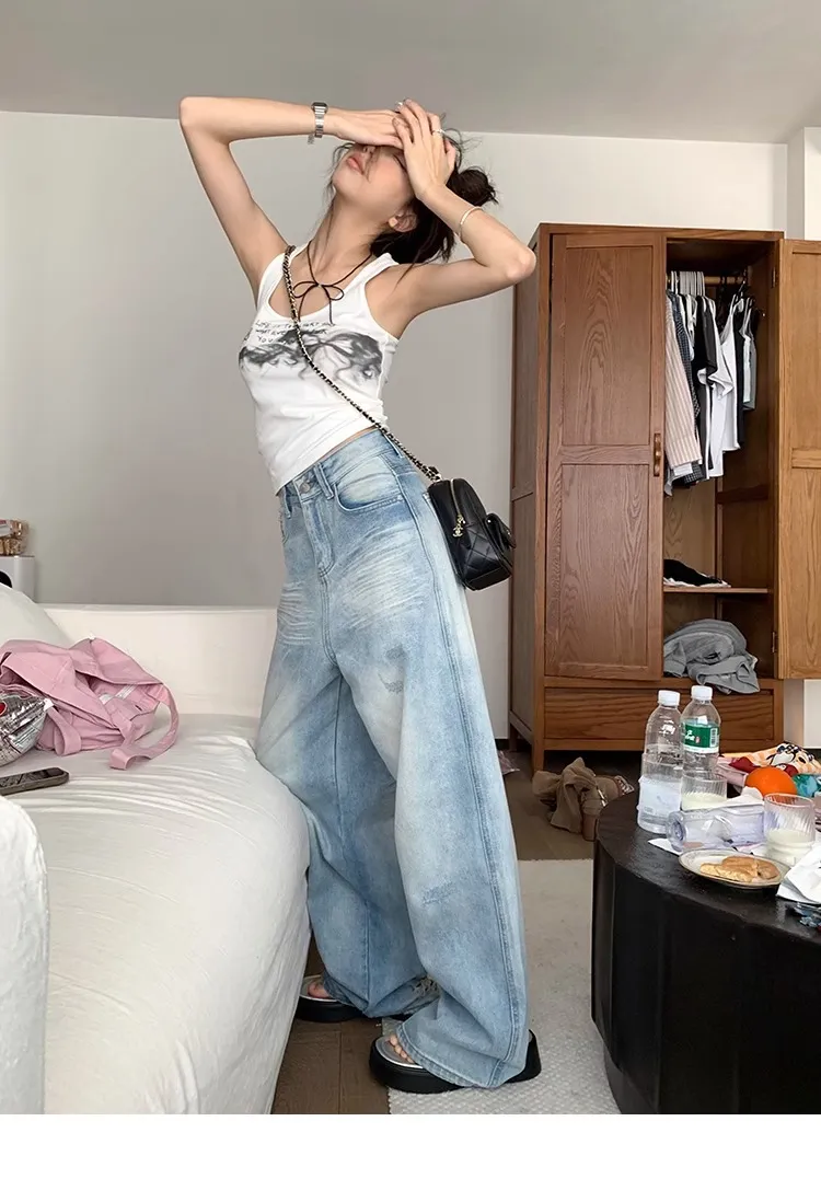 Plus Size Women's Light Blue Ripped Wide Leg Jeans - Summer Loose Fit High Waist Straight Leg Pants for Fashionable Comfort showcase 14