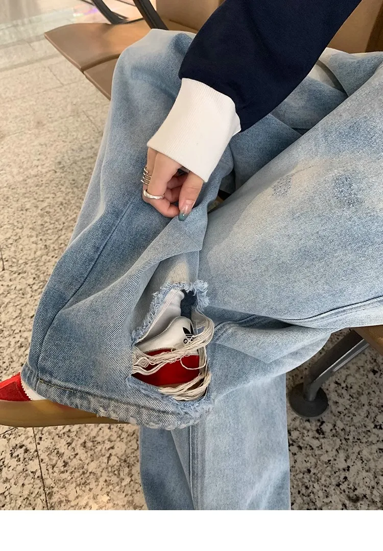 Plus Size Women's Light Blue Ripped Wide Leg Jeans - Summer Loose Fit High Waist Straight Leg Pants for Fashionable Comfort showcase 11