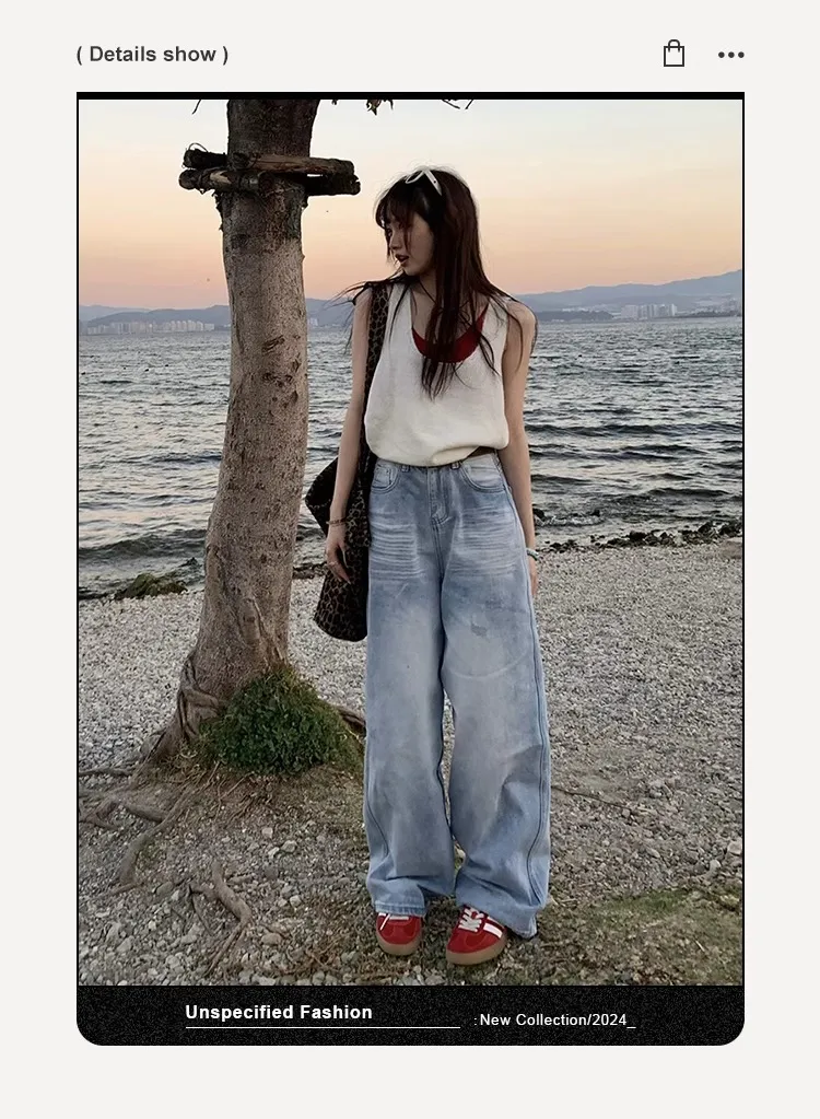Plus Size Women's Light Blue Ripped Wide Leg Jeans - Summer Loose Fit High Waist Straight Leg Pants for Fashionable Comfort showcase 3