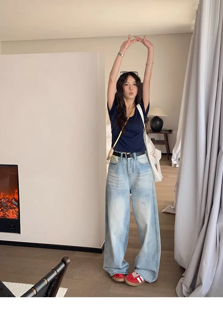 Plus Size Women's Light Blue Ripped Wide Leg Jeans - Summer Loose Fit High Waist Straight Leg Pants for Fashionable Comfort showcase 15