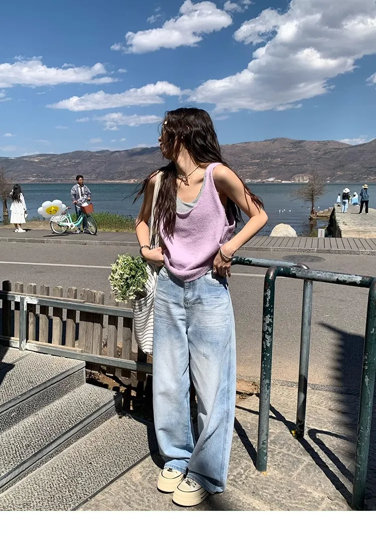 Plus Size Women's Light Blue Ripped Wide Leg Jeans - Summer Loose Fit High Waist Straight Leg Pants for Fashionable Comfort showcase 17