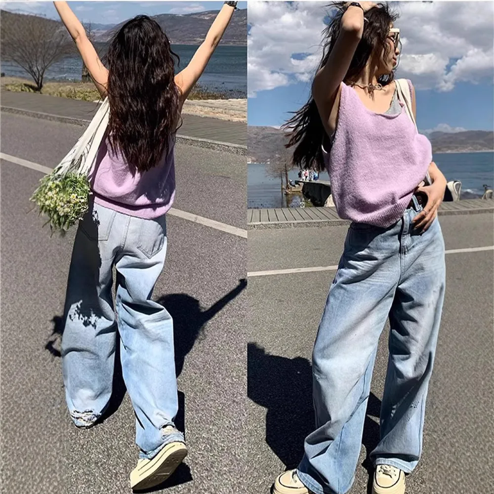 Plus Size Women's Light Blue Ripped Wide Leg Jeans - Summer Loose Fit High Waist Straight Leg Pants for Fashionable Comfort thumbnail 4