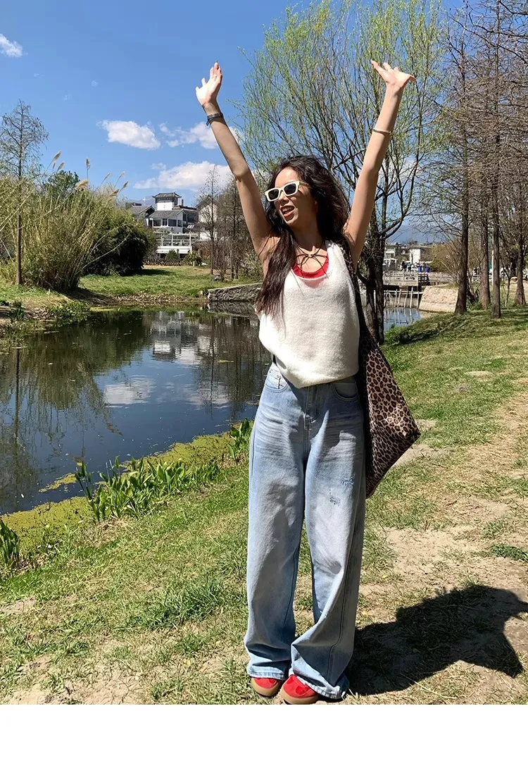 Plus Size Women's Light Blue Ripped Wide Leg Jeans - Summer Loose Fit High Waist Straight Leg Pants for Fashionable Comfort showcase 20