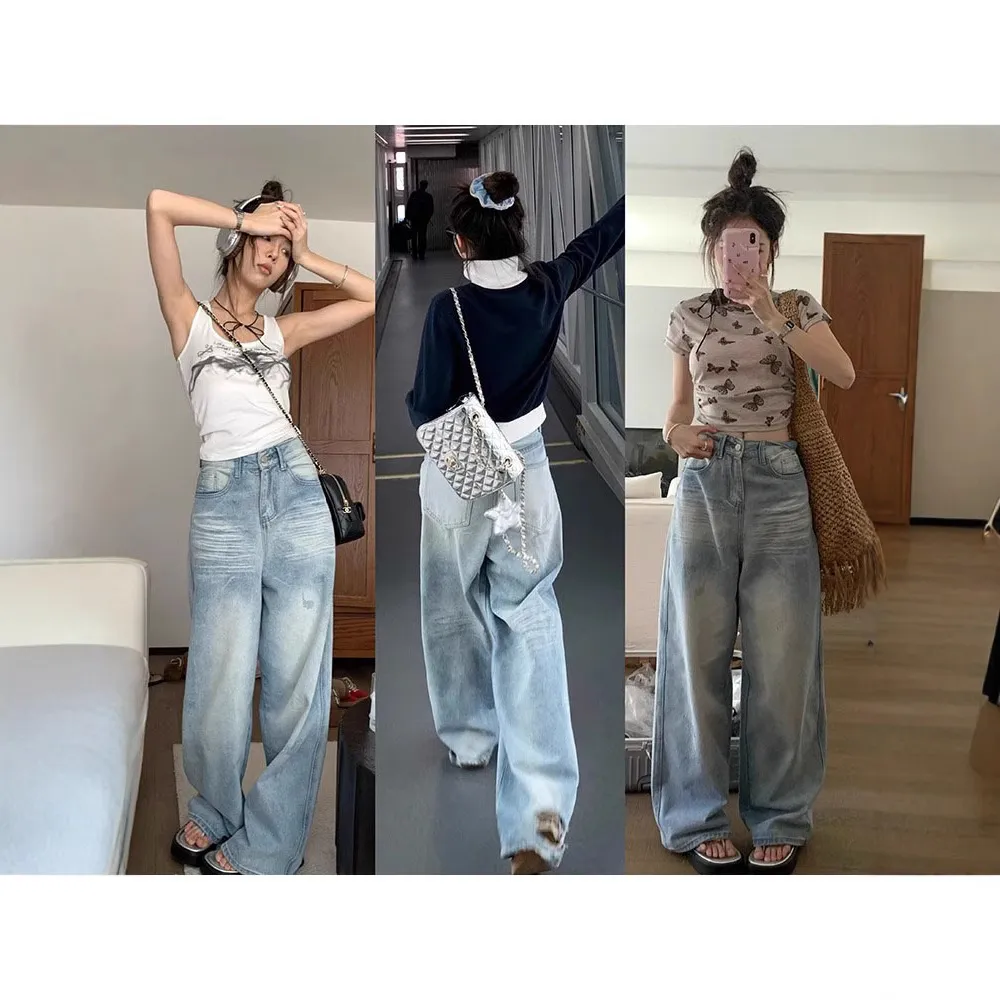 Plus Size Women's Light Blue Ripped Wide Leg Jeans - Summer Loose Fit High Waist Straight Leg Pants for Fashionable Comfort thumbnail 3