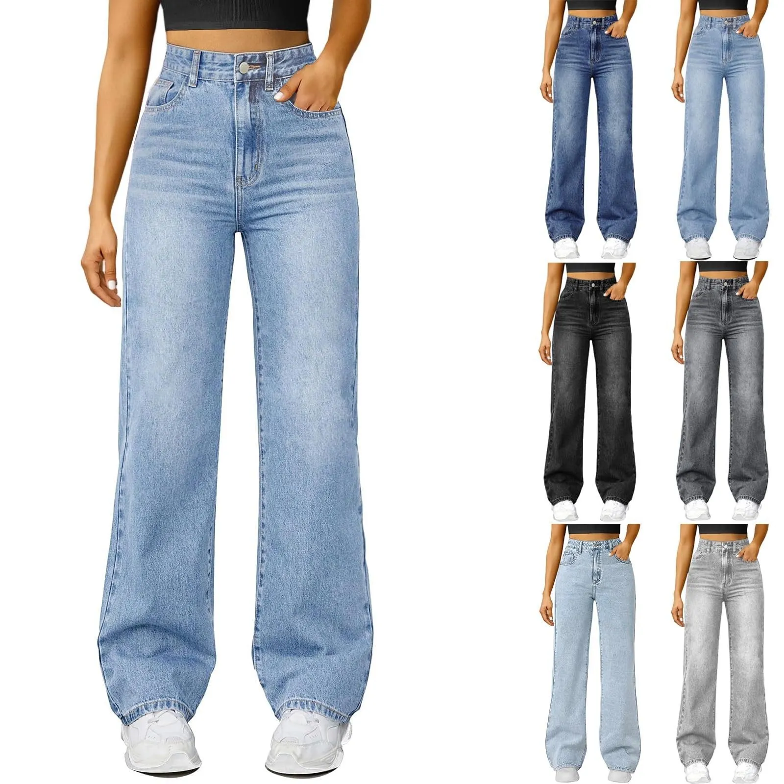 Women's Light Blue Loose Fit Straight Leg Jeans - Casual Cotton Denim Trousers for Everyday Wear thumbnail 1