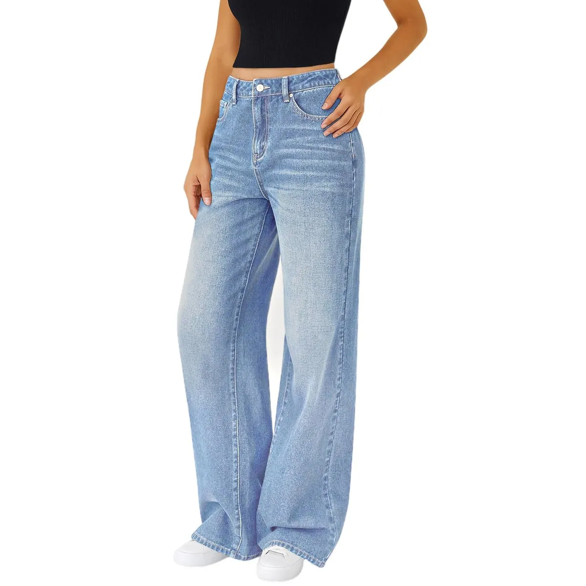 Women's Light Blue Loose Fit Straight Leg Jeans - Casual Cotton Denim Trousers for Everyday Wear showcase 1