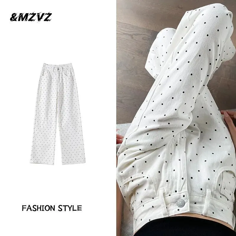 Women's Korean Style White Polka Dot Floral Jeans - High-Quality Straight Leg Loose Wide Leg Pants for Winter Fashion thumbnail 2