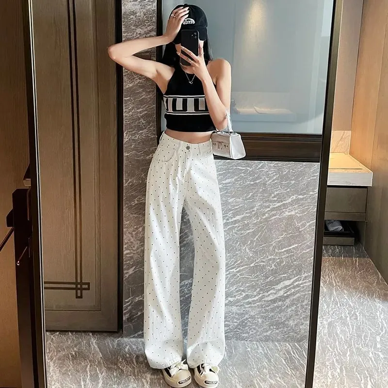 Women's Korean Style White Polka Dot Floral Jeans - High-Quality Straight Leg Loose Wide Leg Pants for Winter Fashion thumbnail 3
