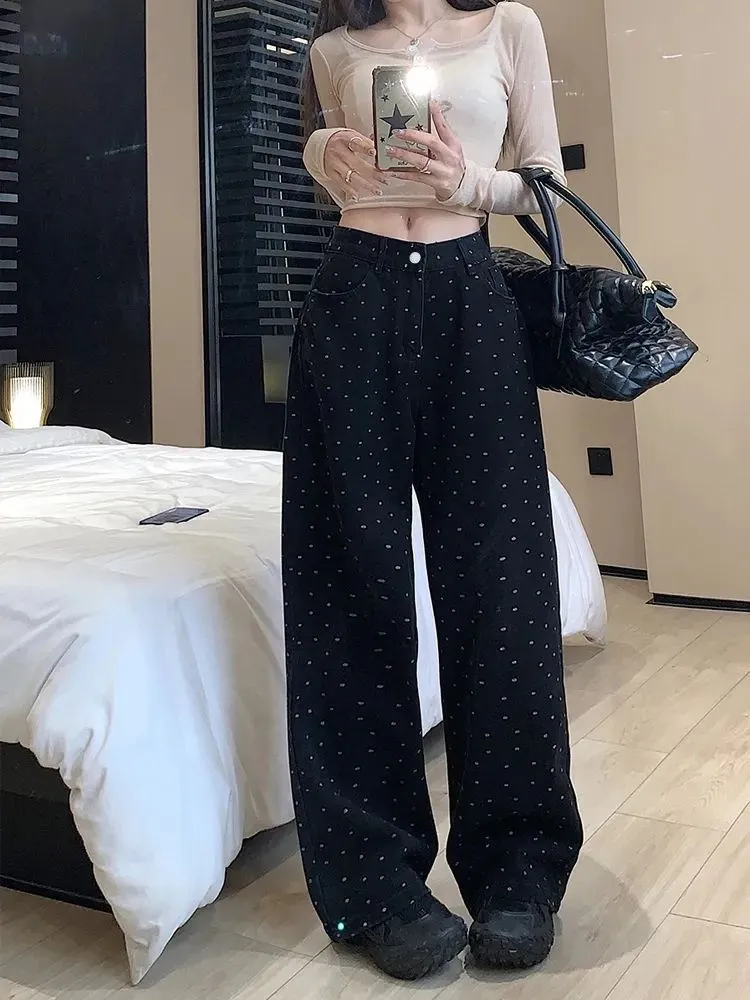 Women's Korean Style White Polka Dot Floral Jeans - High-Quality Straight Leg Loose Wide Leg Pants for Winter Fashion showcase 3