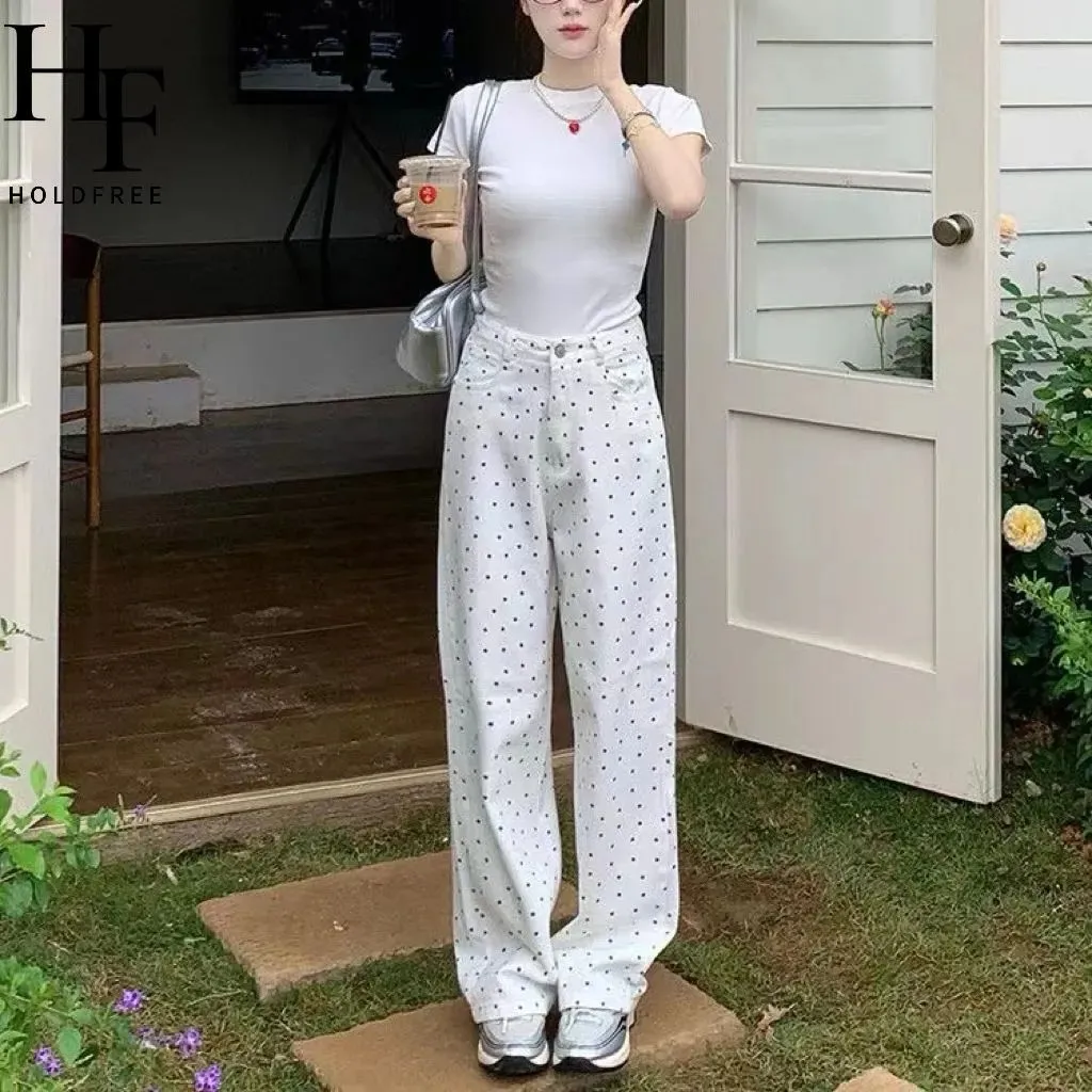 Women's Korean Style White Polka Dot Floral Jeans - High-Quality Straight Leg Loose Wide Leg Pants for Winter Fashion showcase 4