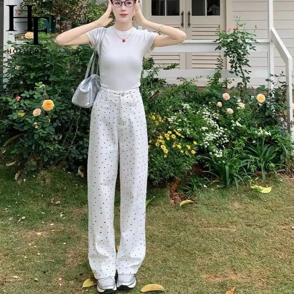 Women's Korean Style White Polka Dot Floral Jeans - High-Quality Straight Leg Loose Wide Leg Pants for Winter Fashion showcase 7