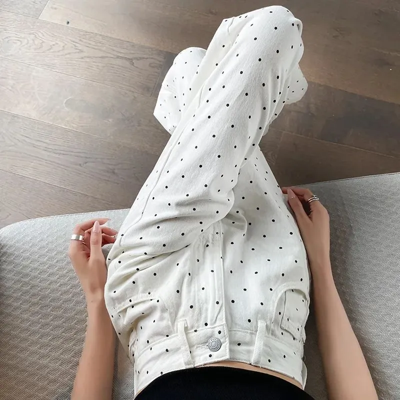 Women's Korean Style White Polka Dot Floral Jeans - High-Quality Straight Leg Loose Wide Leg Pants for Winter Fashion thumbnail 4