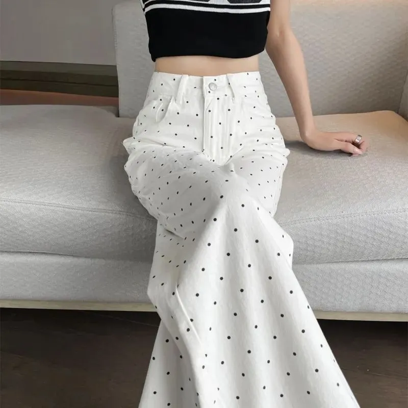 Women's Korean Style White Polka Dot Floral Jeans - High-Quality Straight Leg Loose Wide Leg Pants for Winter Fashion thumbnail 1