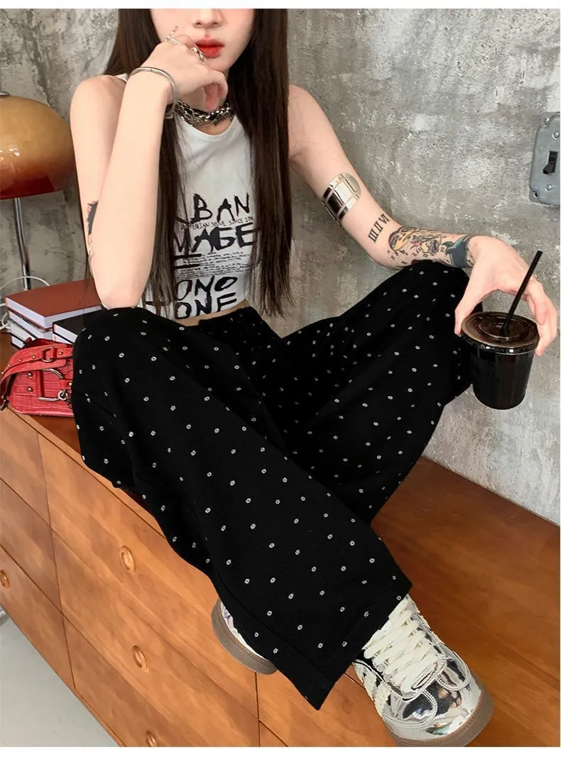 Women's Korean Style White Polka Dot Floral Jeans - High-Quality Straight Leg Loose Wide Leg Pants for Winter Fashion thumbnail 6