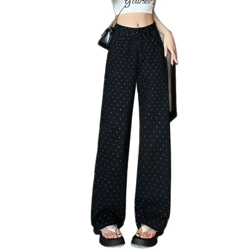 Women's Korean Style White Polka Dot Floral Jeans - High-Quality Straight Leg Loose Wide Leg Pants for Winter Fashion thumbnail 5