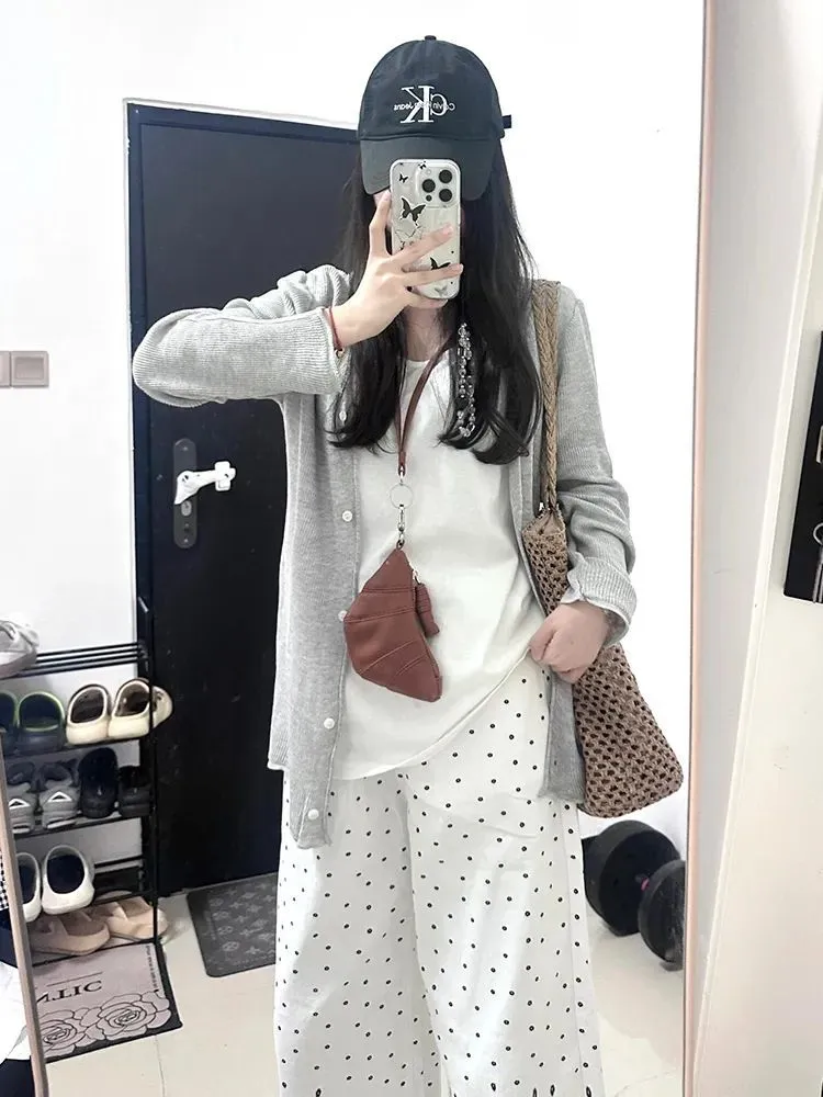 Women's Korean Style White Polka Dot Floral Jeans - High-Quality Straight Leg Loose Wide Leg Pants for Winter Fashion thumbnail 7
