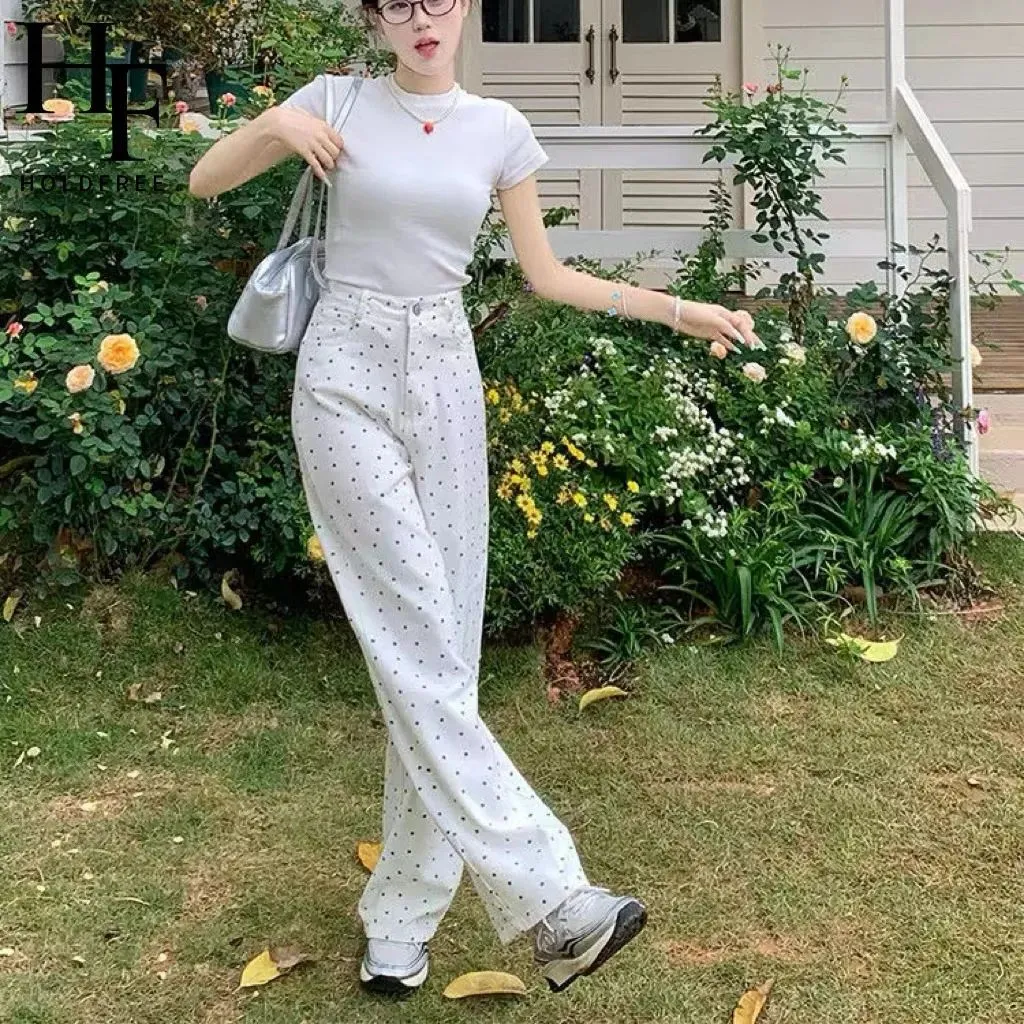 Women's Korean Style White Polka Dot Floral Jeans - High-Quality Straight Leg Loose Wide Leg Pants for Winter Fashion showcase 6