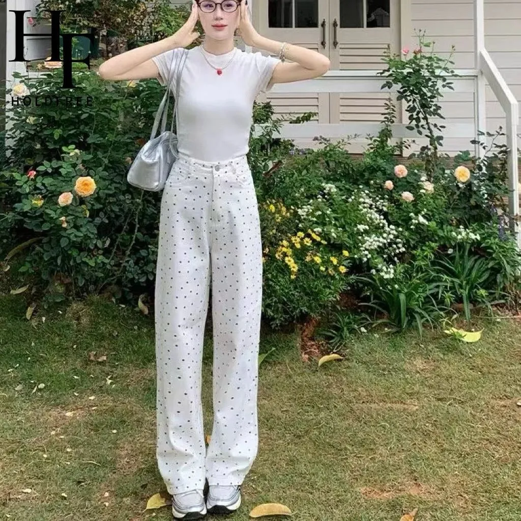 Women's Korean Style White Polka Dot Floral Jeans - High-Quality Straight Leg Loose Wide Leg Pants for Winter Fashion showcase 5