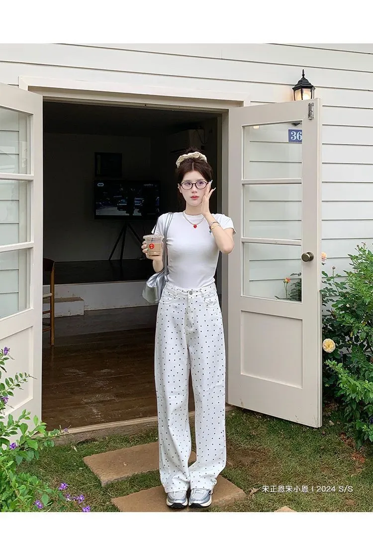 Women's Korean Style White Polka Dot Floral Jeans - High-Quality Straight Leg Loose Wide Leg Pants for Winter Fashion showcase 9