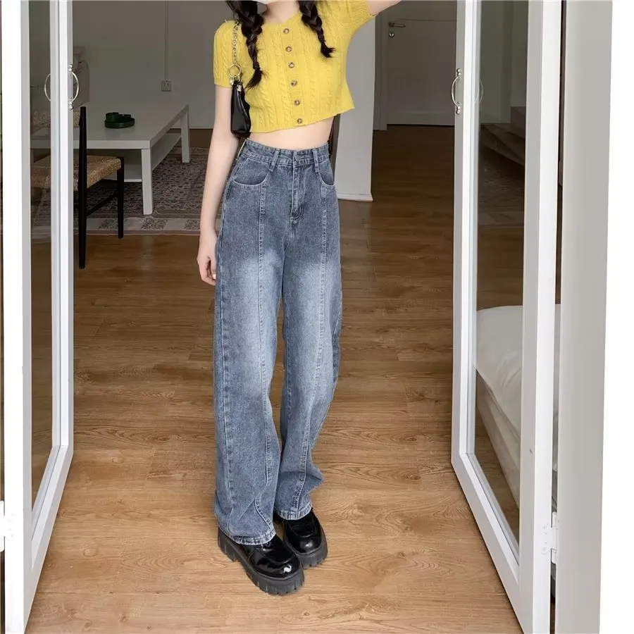 Vintage Wide-Leg Jeans for Women - American Style High Street Loose Fit Slimming Pants for Spring & Summer Petite thumbnail 1