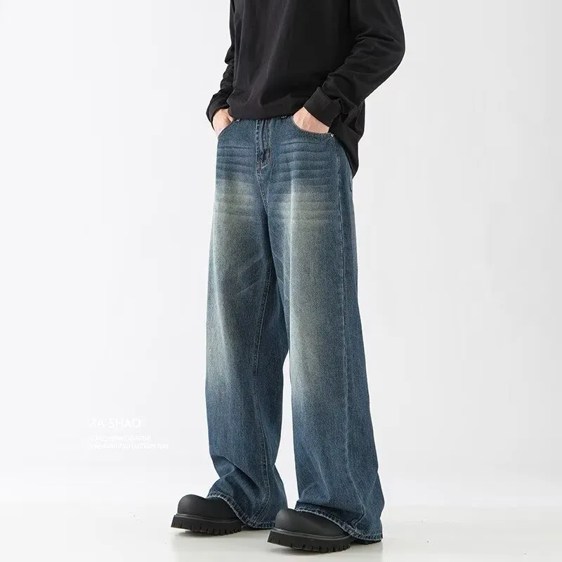 Men's Retro American Style Loose Fit Straight Leg Jeans - Trendy Yellow Mud Dyed Washed Wide-Leg Pants for Autumn/Winter thumbnail 6