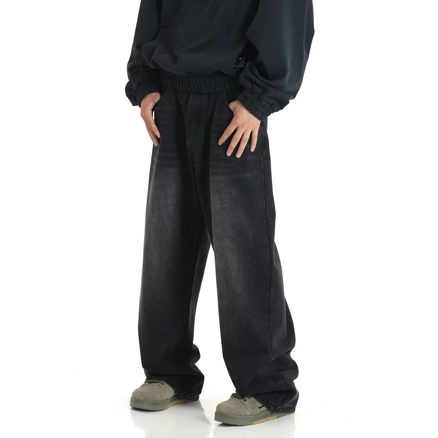Men's Retro American Style Loose Fit Straight Leg Jeans - Trendy Yellow Mud Dyed Washed Wide-Leg Pants for Autumn/Winter thumbnail 2