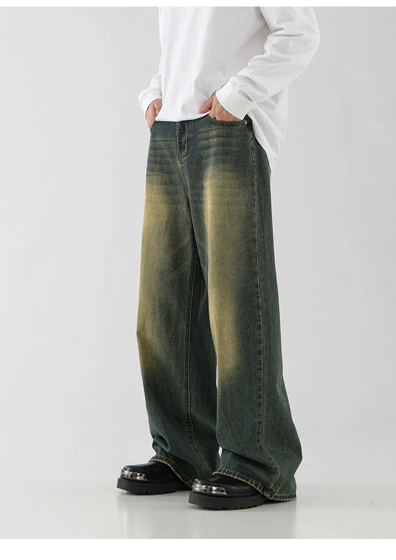 Men's Retro American Style Loose Fit Straight Leg Jeans - Trendy Yellow Mud Dyed Washed Wide-Leg Pants for Autumn/Winter showcase 10