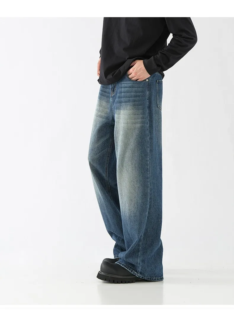 Men's Retro American Style Loose Fit Straight Leg Jeans - Trendy Yellow Mud Dyed Washed Wide-Leg Pants for Autumn/Winter showcase 19