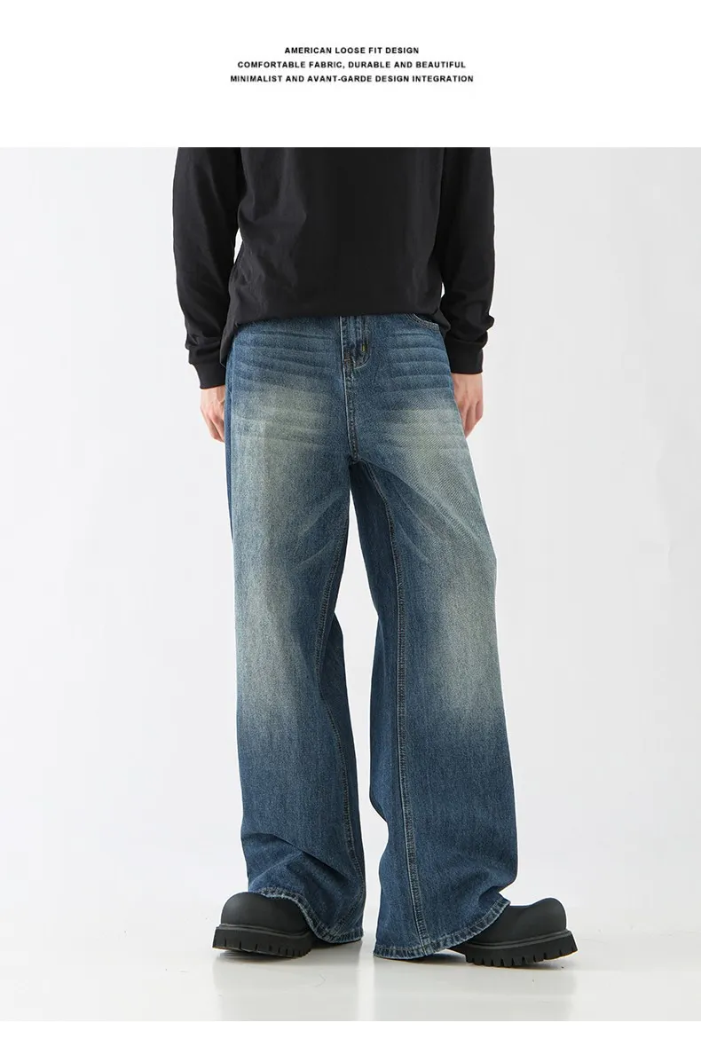 Men's Retro American Style Loose Fit Straight Leg Jeans - Trendy Yellow Mud Dyed Washed Wide-Leg Pants for Autumn/Winter showcase 18