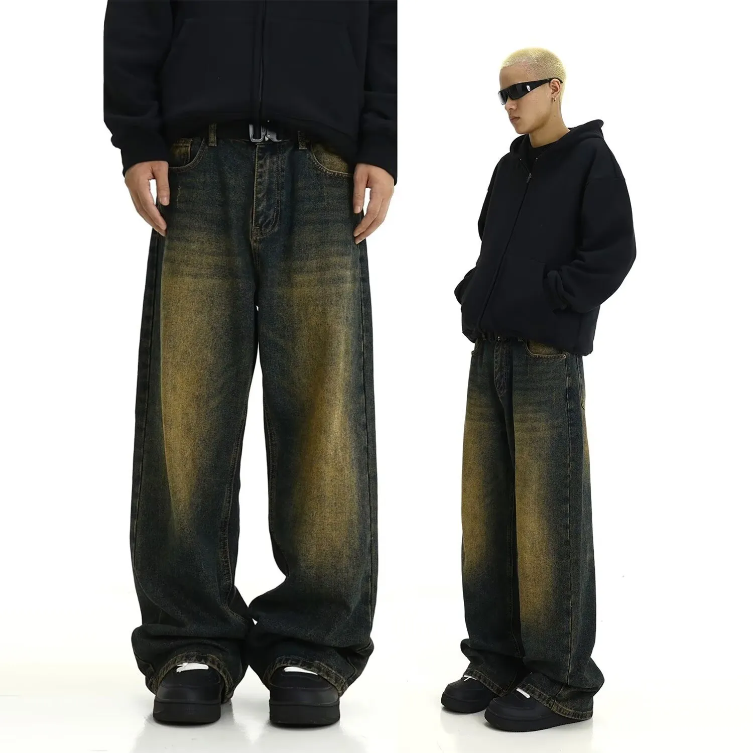Men's Retro American Style Loose Fit Straight Leg Jeans - Trendy Yellow Mud Dyed Washed Wide-Leg Pants for Autumn/Winter thumbnail 3