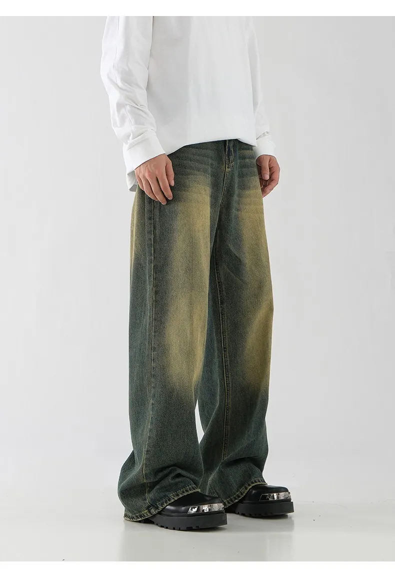 Men's Retro American Style Loose Fit Straight Leg Jeans - Trendy Yellow Mud Dyed Washed Wide-Leg Pants for Autumn/Winter showcase 9