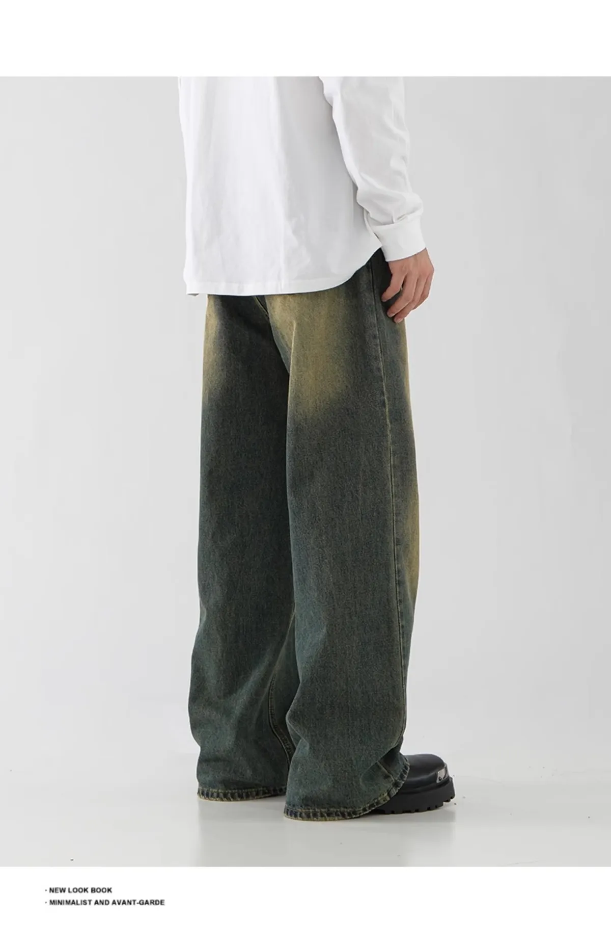 Men's Retro American Style Loose Fit Straight Leg Jeans - Trendy Yellow Mud Dyed Washed Wide-Leg Pants for Autumn/Winter showcase 12