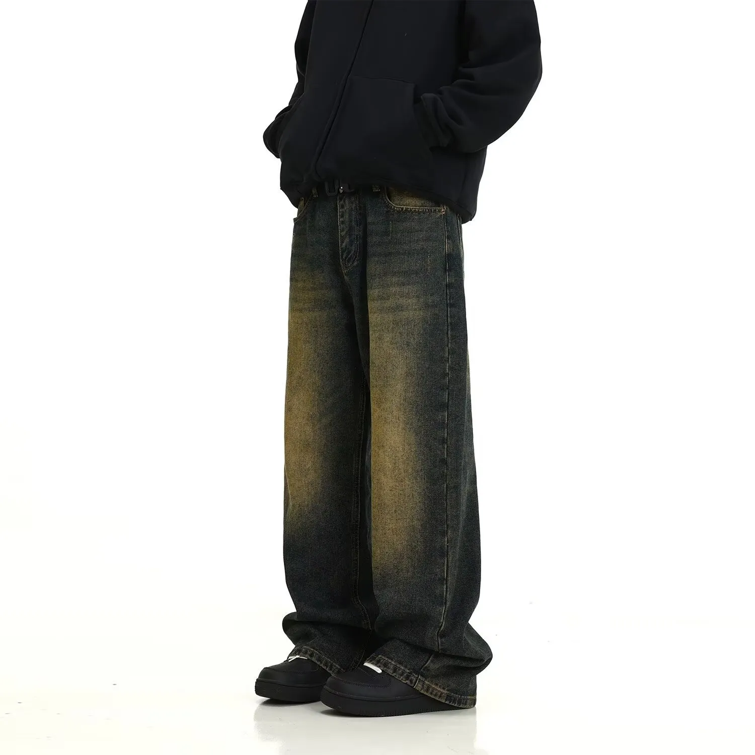 Men's Retro American Style Loose Fit Straight Leg Jeans - Trendy Yellow Mud Dyed Washed Wide-Leg Pants for Autumn/Winter thumbnail 8
