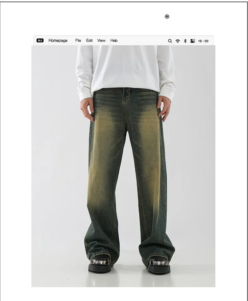 Men's Retro American Style Loose Fit Straight Leg Jeans - Trendy Yellow Mud Dyed Washed Wide-Leg Pants for Autumn/Winter showcase 17