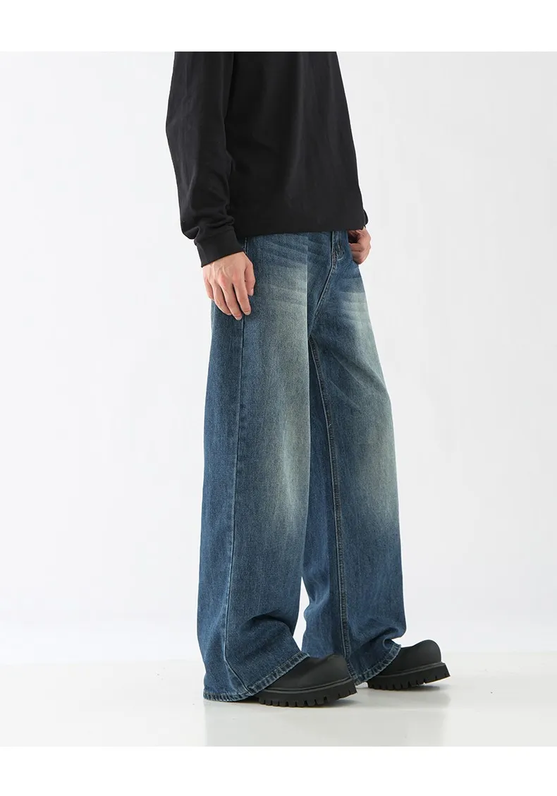 Men's Retro American Style Loose Fit Straight Leg Jeans - Trendy Yellow Mud Dyed Washed Wide-Leg Pants for Autumn/Winter showcase 13