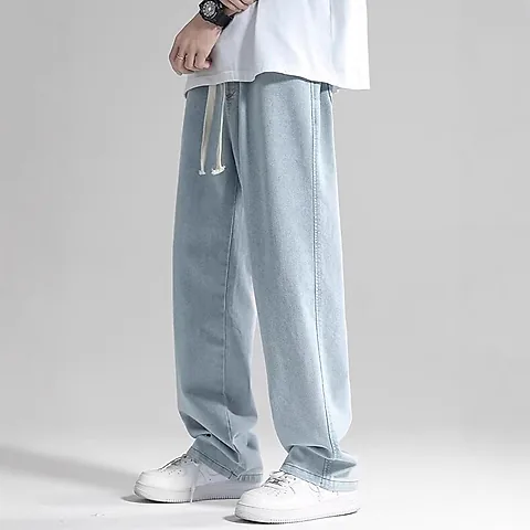 Men's Summer Thin Brand Loose Fit Straight Leg Wide Leg Floor Length Casual Jeans Pants