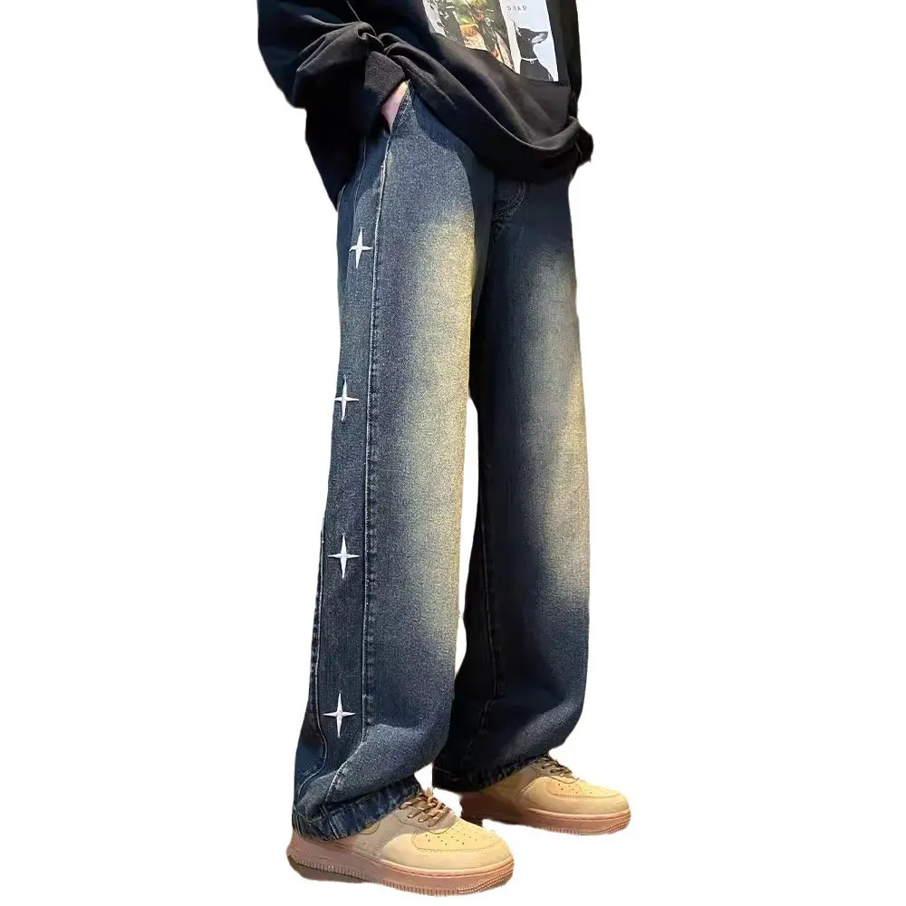 American Style Hip Hop Star Embroidered Jeans for Men - Loose Fit Straight Leg, Thin Breathable Denim for Spring, Summer, Autumn - Casual Streetwear Pants for Boys thumbnail 5