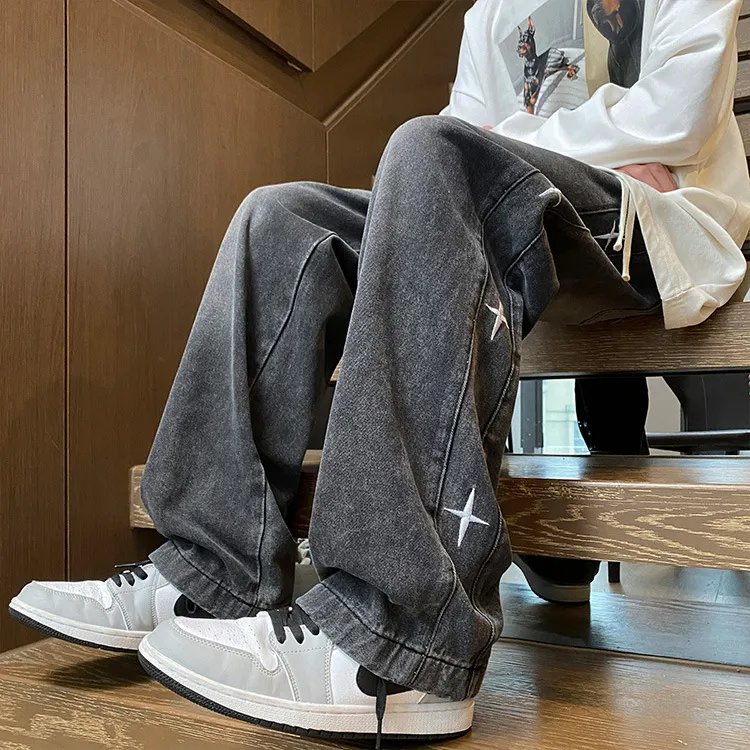 American Style Hip Hop Star Embroidered Jeans for Men - Loose Fit Straight Leg, Thin Breathable Denim for Spring, Summer, Autumn - Casual Streetwear Pants for Boys showcase 3