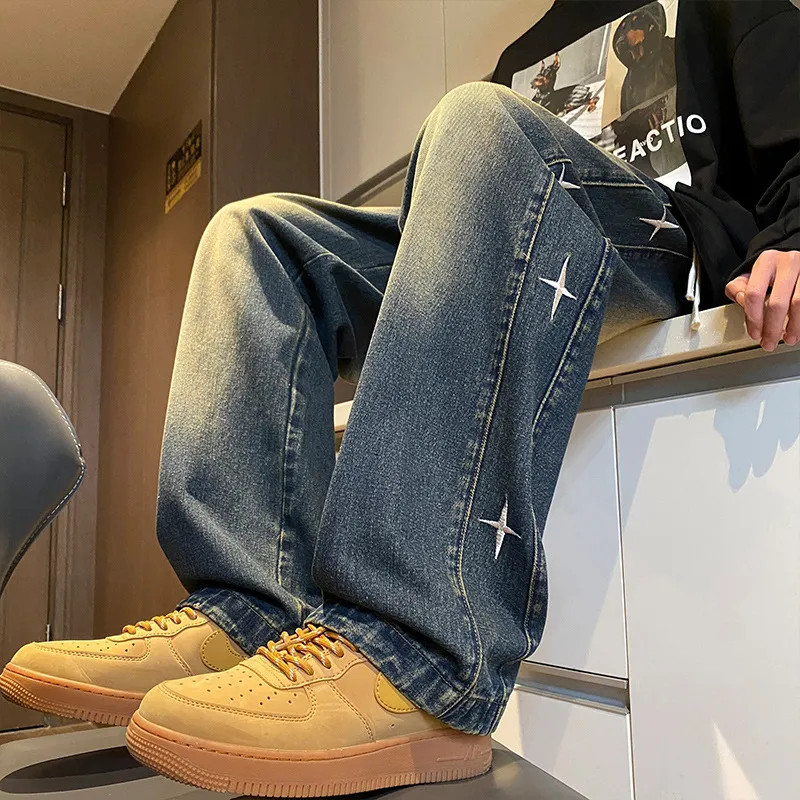 American Style Hip Hop Star Embroidered Jeans for Men - Loose Fit Straight Leg, Thin Breathable Denim for Spring, Summer, Autumn - Casual Streetwear Pants for Boys thumbnail 7