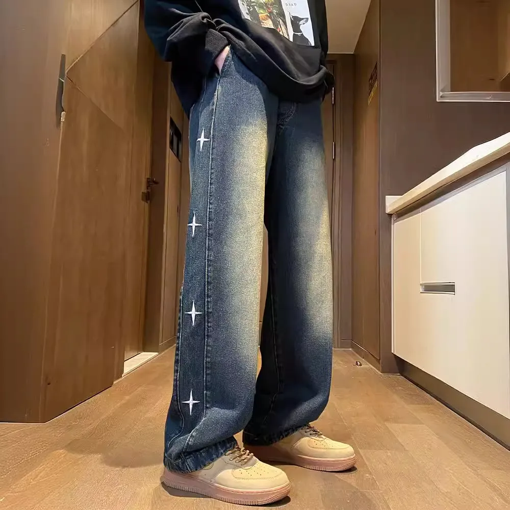American Style Hip Hop Star Embroidered Jeans for Men - Loose Fit Straight Leg, Thin Breathable Denim for Spring, Summer, Autumn - Casual Streetwear Pants for Boys thumbnail 3