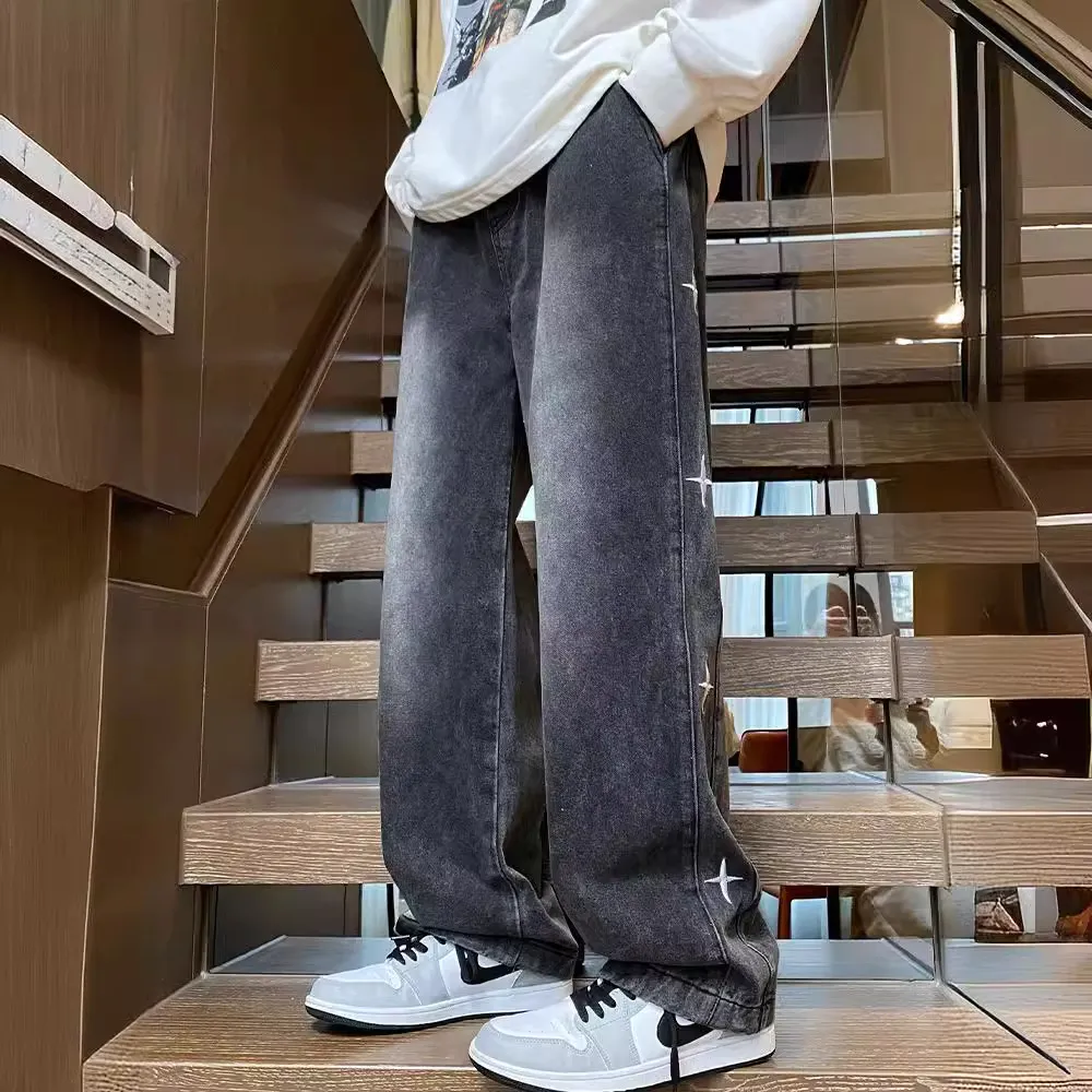 American Style Hip Hop Star Embroidered Jeans for Men - Loose Fit Straight Leg, Thin Breathable Denim for Spring, Summer, Autumn - Casual Streetwear Pants for Boys thumbnail 2