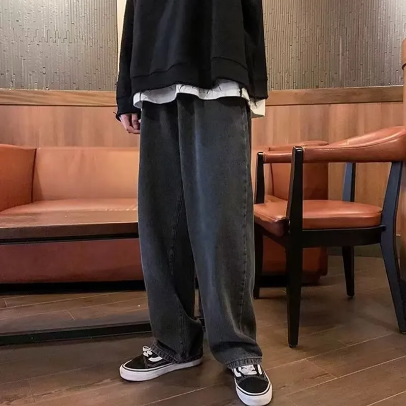 Men's Black & Gray Loose Fit Straight Leg Jeans - Large Size, Wide Leg, American High Street Style for Early Autumn Wear thumbnail 2