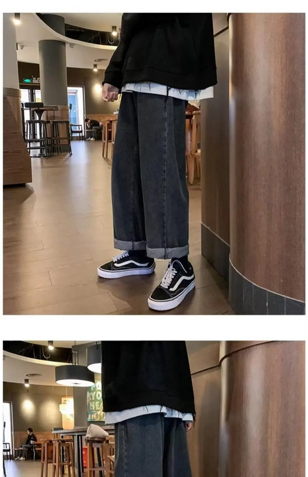 Men's Black & Gray Loose Fit Straight Leg Jeans - Large Size, Wide Leg, American High Street Style for Early Autumn Wear showcase 6
