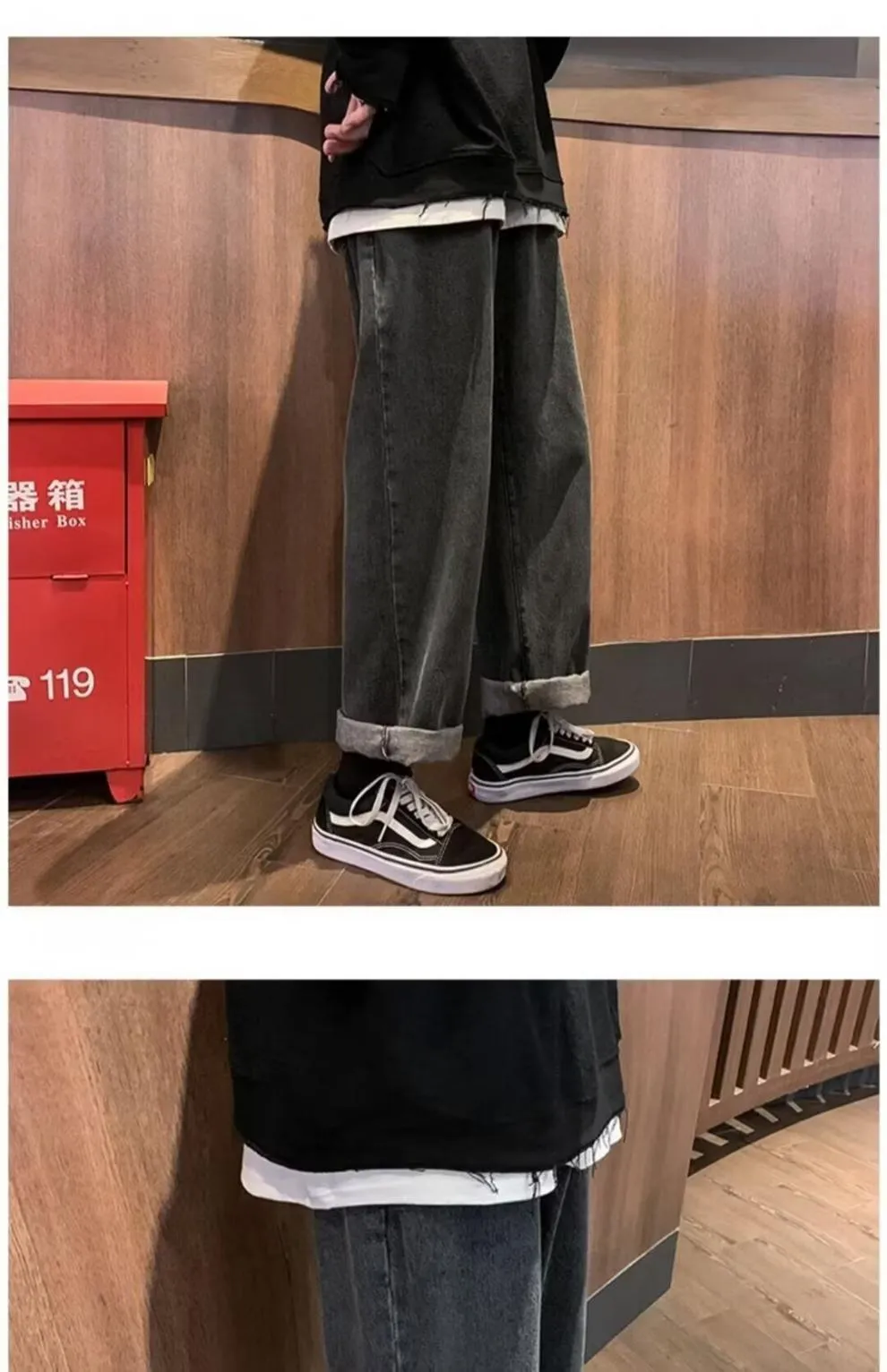 Men's Black & Gray Loose Fit Straight Leg Jeans - Large Size, Wide Leg, American High Street Style for Early Autumn Wear showcase 4